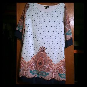 White bell sleeve multi color patterned shift dres